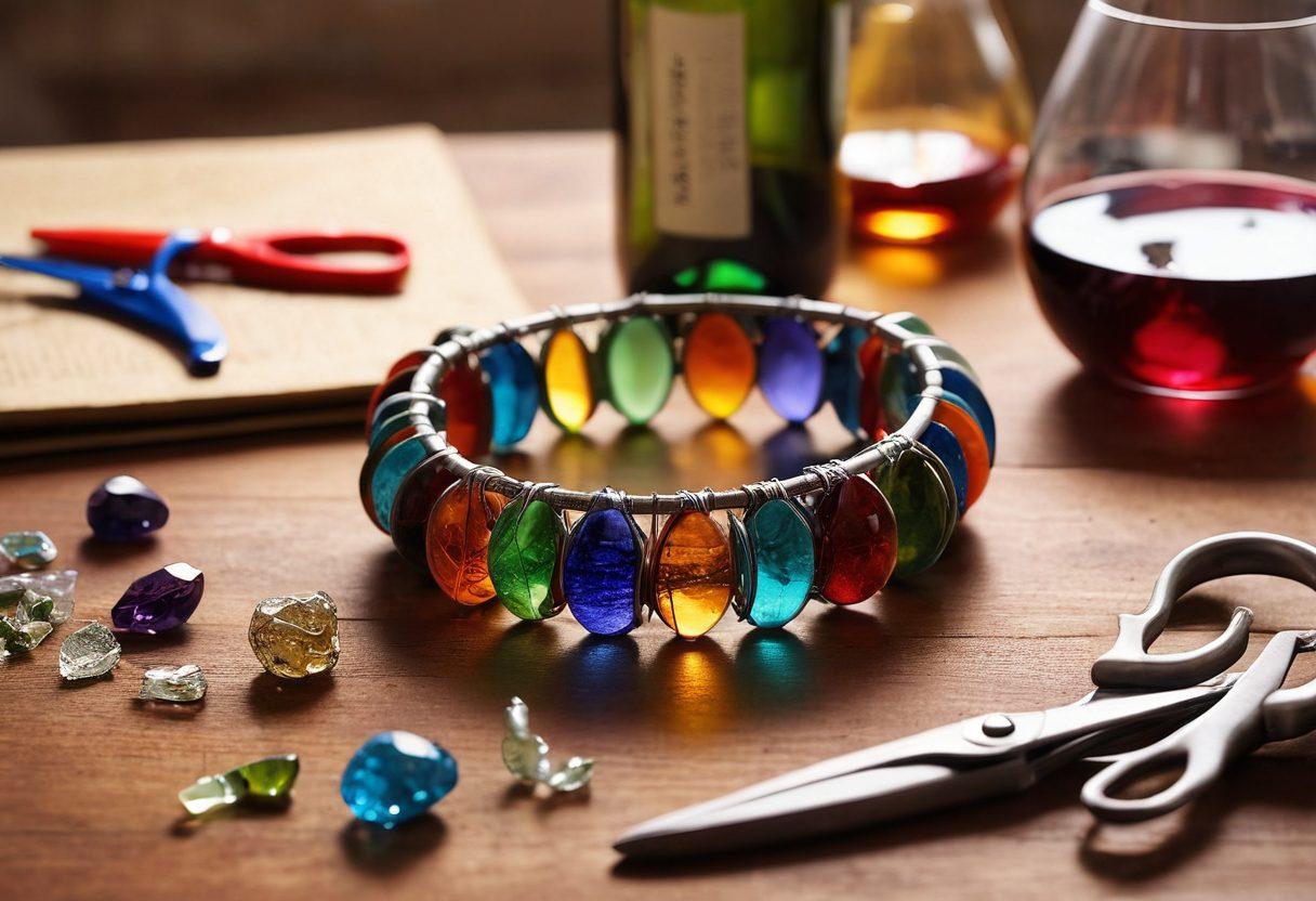 A creative workspace showcasing the transformation of wine bottles into elegant bracelets, with tools like scissors and pliers scattered around. Include vibrant colors of gemstones and recycled glass pieces, emphasizing the craftsmanship involved. The scene should be warmly lit, evoking a cozy and artistic atmosphere, with wine themes subtly present. super-realistic. vibrant colors. soft focus.