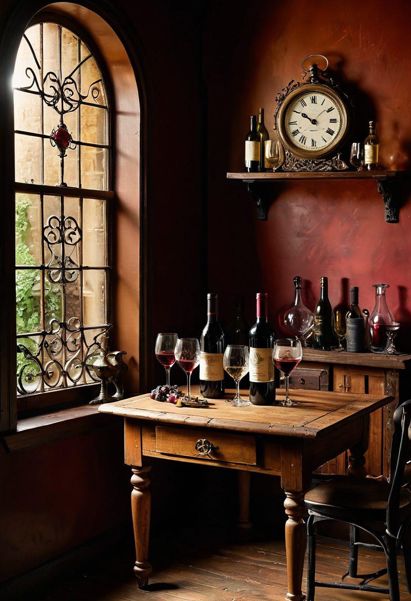 A beautifully aged wooden table displaying an assortment of vintage wine bottles next to intricate antique treasures like a pocket watch and ornate silverware. Soft natural light filters through a nearby window, casting warm shadows and illuminating the deep ruby colors of the wine. A backdrop of historic wine cellar walls enhances the ambiance, with vines subtly creeping into the frame. This setting exudes a sense of nostalgia and elegance, inviting viewers to explore history. super-realistic. warm tones. vintage style.