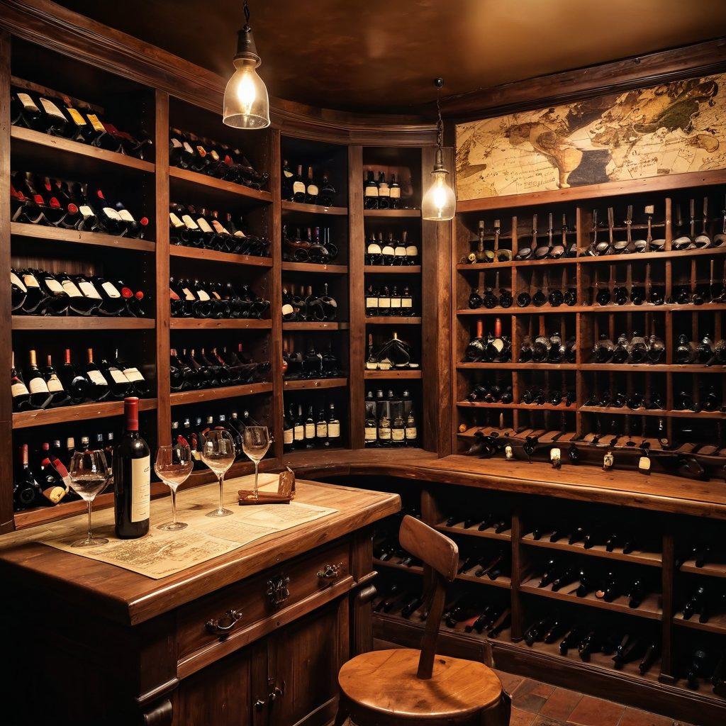 An elegant wine cellar filled with a variety of antique wine bottles, vintage corkscrews, and ornate glassware, set against a backdrop of rustic wooden shelves. Subtle warm lighting emphasizes the rich texture of aged wood and the shimmering glass. Include a dusty, old-world map on the wall hinting at the wine's origin. The scene emanates a sense of history and sophistication, inviting the viewer into a passionate world of vintage wine appreciation. super-realistic. warm tones. vintage style.